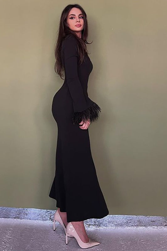 Black Feather Trim Bodycon Maxi Sweater Dress