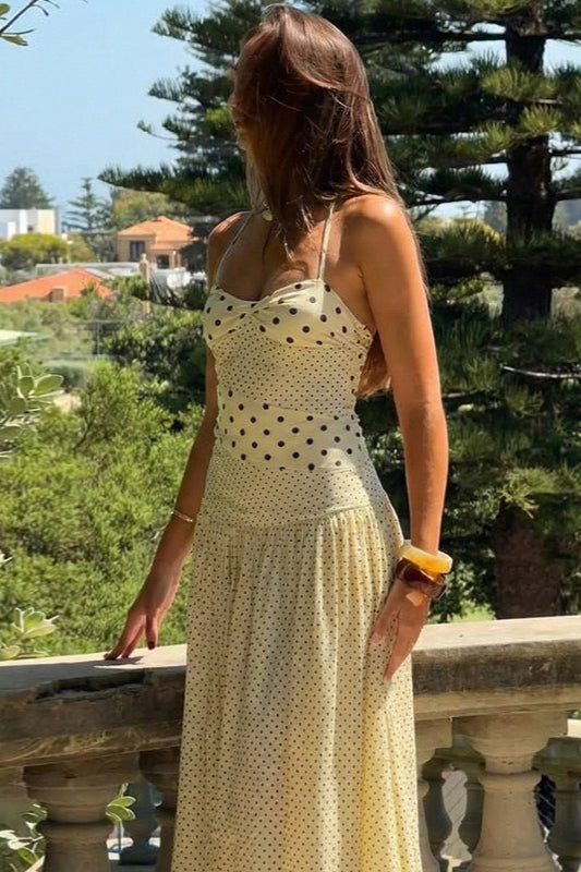 Sweetheart Halter Knot Bodice Mixed Scale Polka Dot Maxi Dress