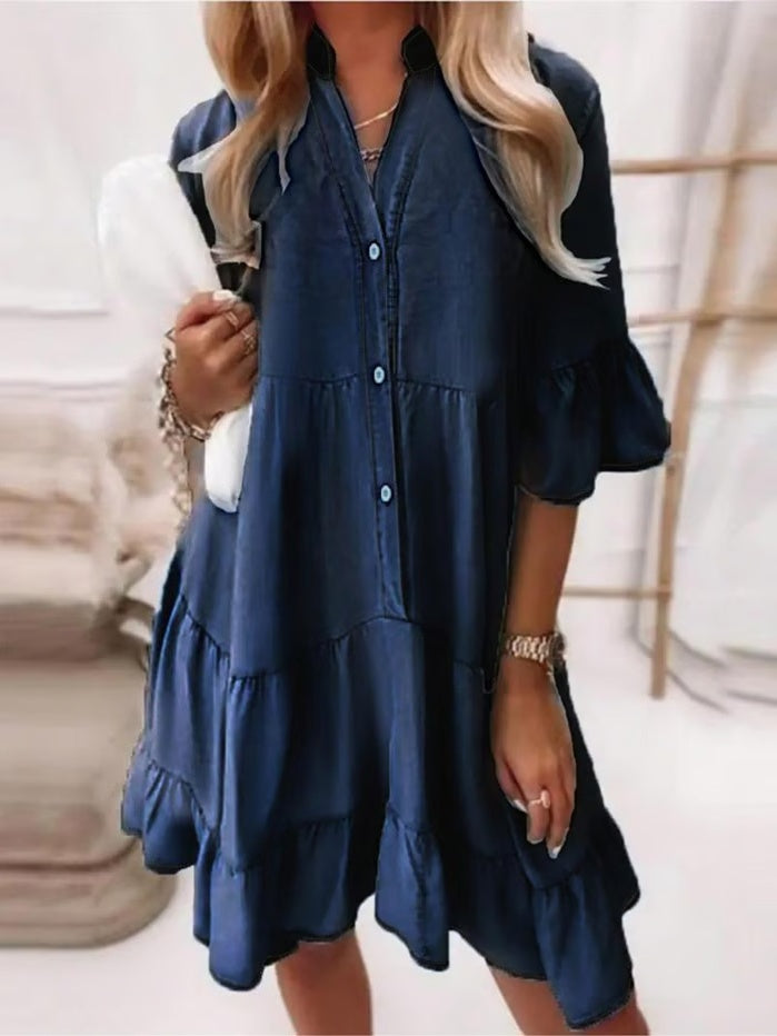 Washed Cotton Three-quarter Sleeve A-line Denim Midi Dress