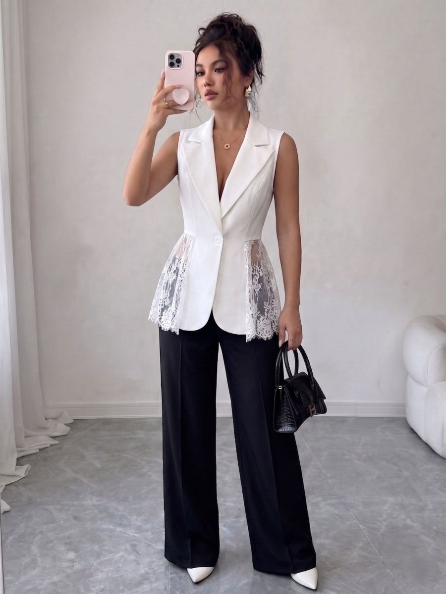 Lace Sleeveless Suit Splicing Hollow Vests
