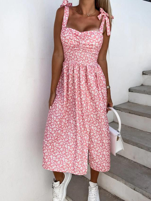 Bow Tie Shoulder Sweetheart Ruched Bust Floral Print High Slit Midi Dress