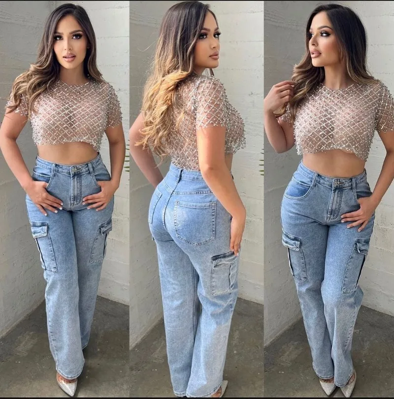 Ootddress Mesh Splice Sequins Cover-up Women Sexy See Through Short Sleeve Crop Tops Ladies 2025 Party Beach Shirts Cover Up Femme