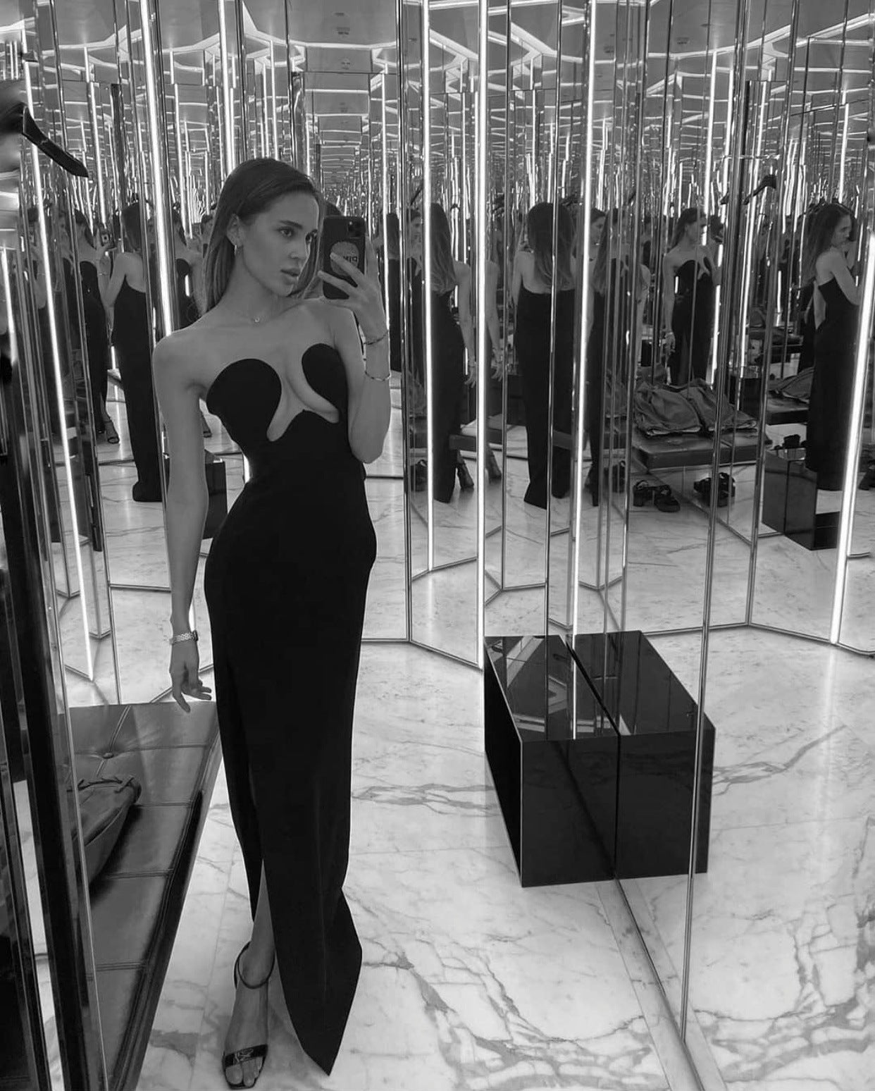 Strapless Architectural Plunge Cutout High Slit Column Maxi Gown