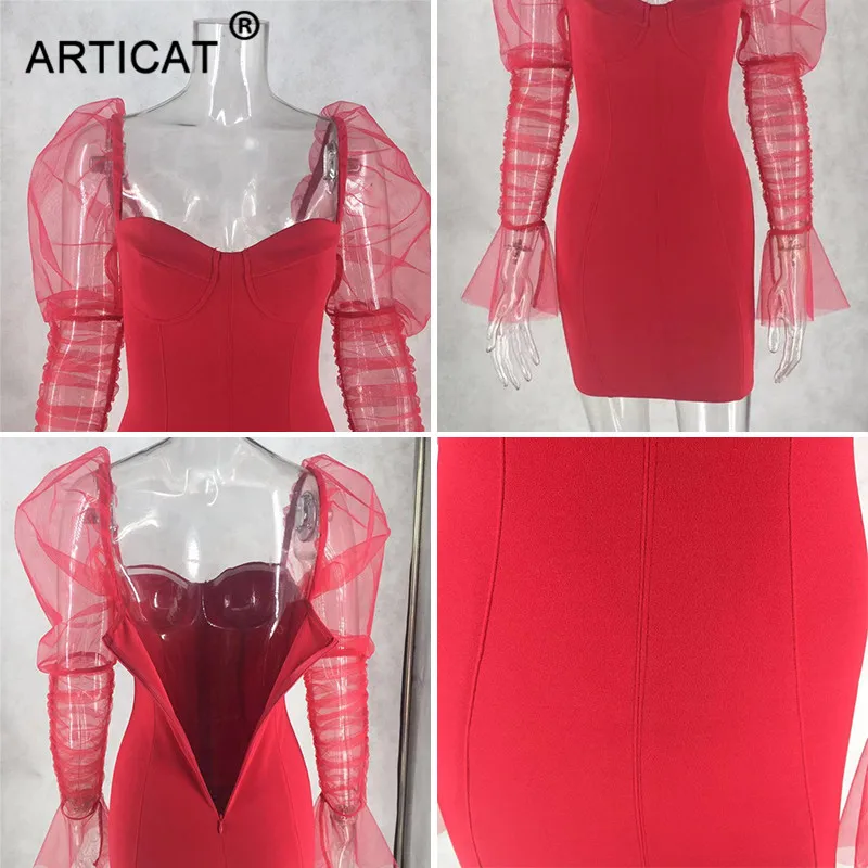 Ootddress Sexy Mesh Puff Sleeve Party Dress Women Low Collar Backless Patchwork Red Mini Dress Nightclub 2020 Spring Vestidos