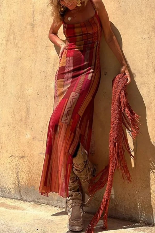 Baroque Print Lace Up Cross Back Halter High Split Maxi Two-Piece Set