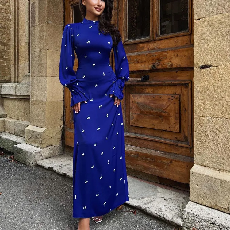 Ootddress Printed Bandage Fashion Long Dress Ladies Elegant Satin High Street Party Dress Casual Long Sleeve Patchwork Maxi Dress