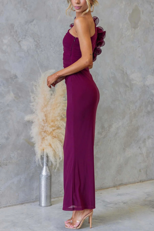 Fashionable Mesh Sleeveless One-shoulder Waist-revealing Maxi Dress