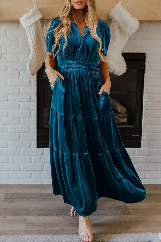 Velvet Tiered Smocked Waist Flutter Sleeve V-Neck Maxi Dress
