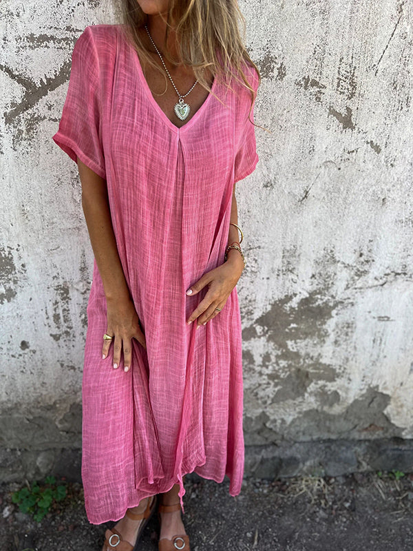Crinkled Gauze V-Neck Short Sleeve Oversized Relaxed Maxi Dress