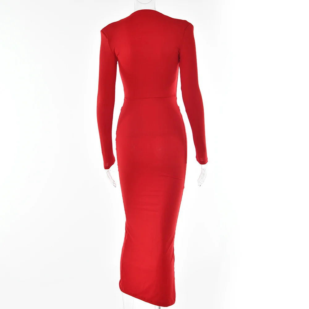 Ootddress Elegant Deep V Neck Full Sleeve Long Dress For Women Robe Fashion Autumn New Irregular Ruched Bodycon Midi Dress