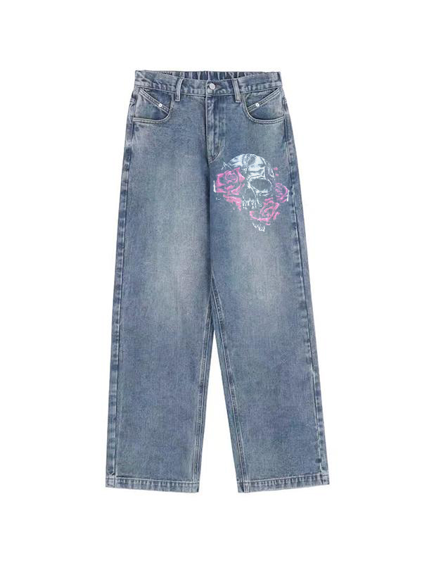 Skull Rose Print Vintage Blue Wide Leg Boyfriend Jeans
