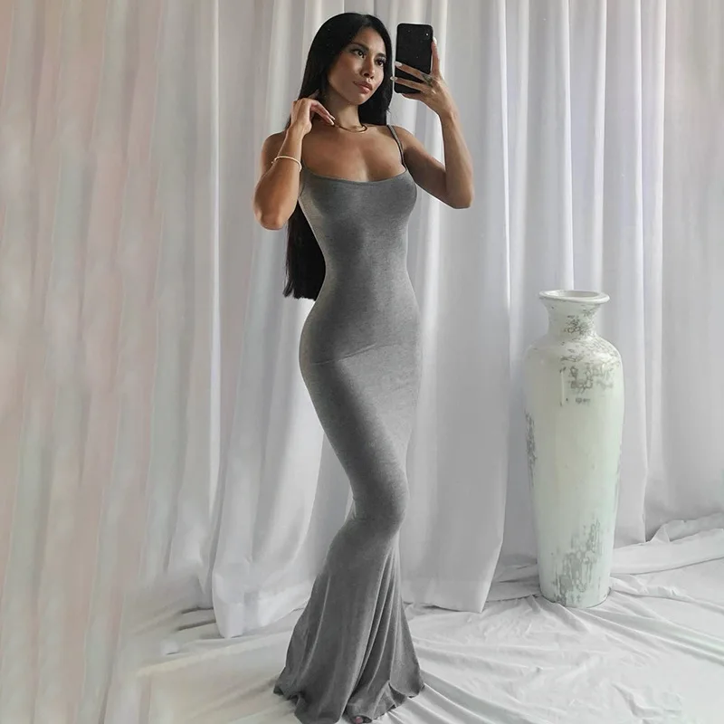 Dresses For Women 2025 Sexy Spaghetti Strap Black Long Dress Evening Y2k Sleeveless Solid Skinny Bodycon Maxi Vestidos