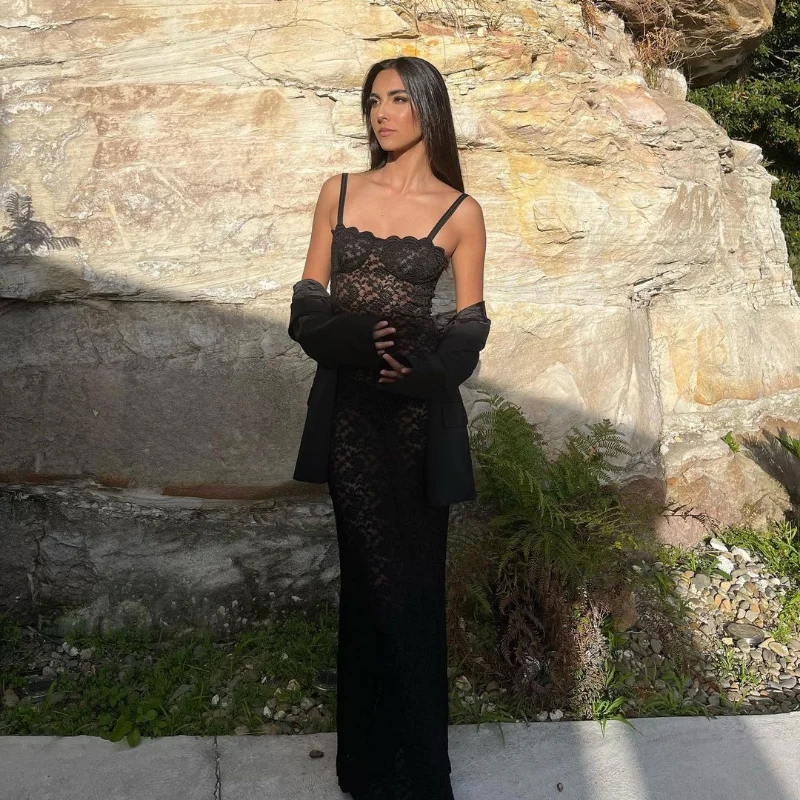 Ootddress Lace Black Dress Female Slim Hollow Out Spaghetti Backless Dress Elegant Party Evening Gown Split Women Maxi Dress Summer