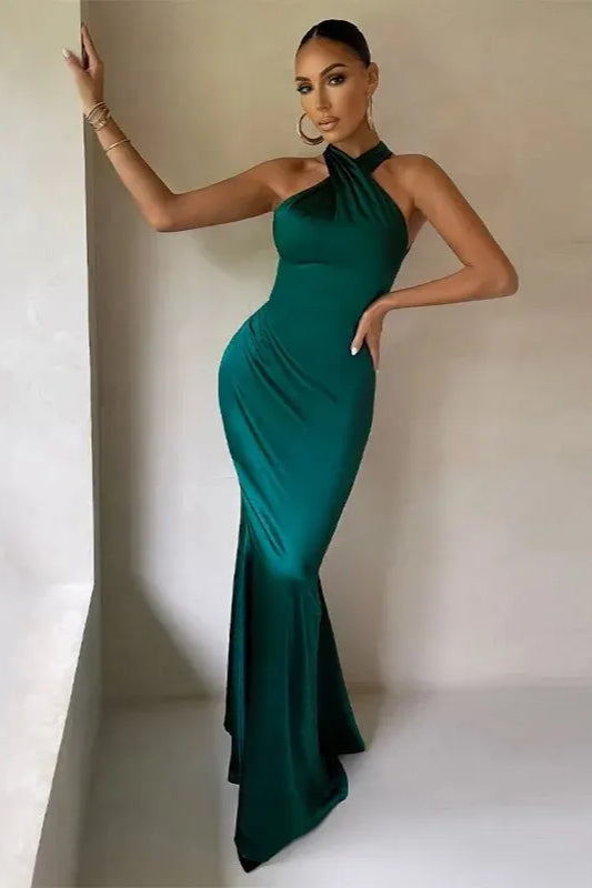 Crossover Halter Neck Mermaid Satin Maxi Gown