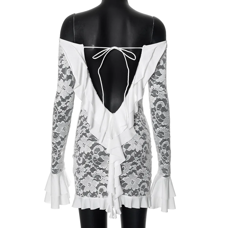 Fantoye Sexy See Through Lace Women Dress White Off Shoulder Flare Sleeve Dress Female Spring Slim Elegant Party Streetwear 2025