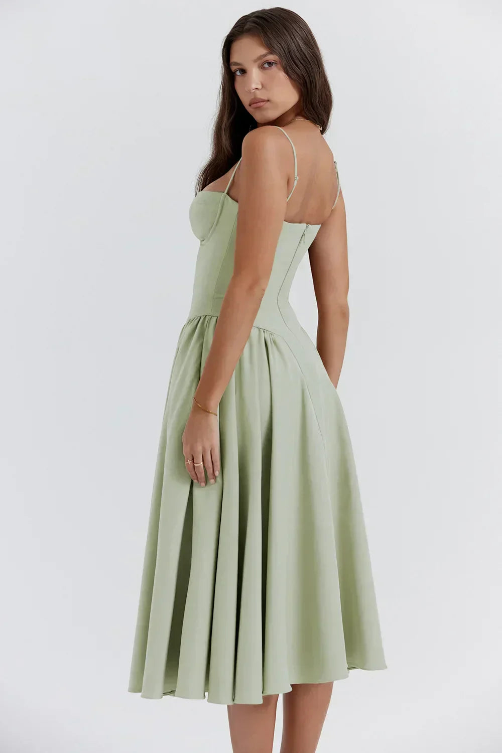 Bustier Sweetheart Spaghetti Strap Drop Waist Fit and Flare Midi Dress
