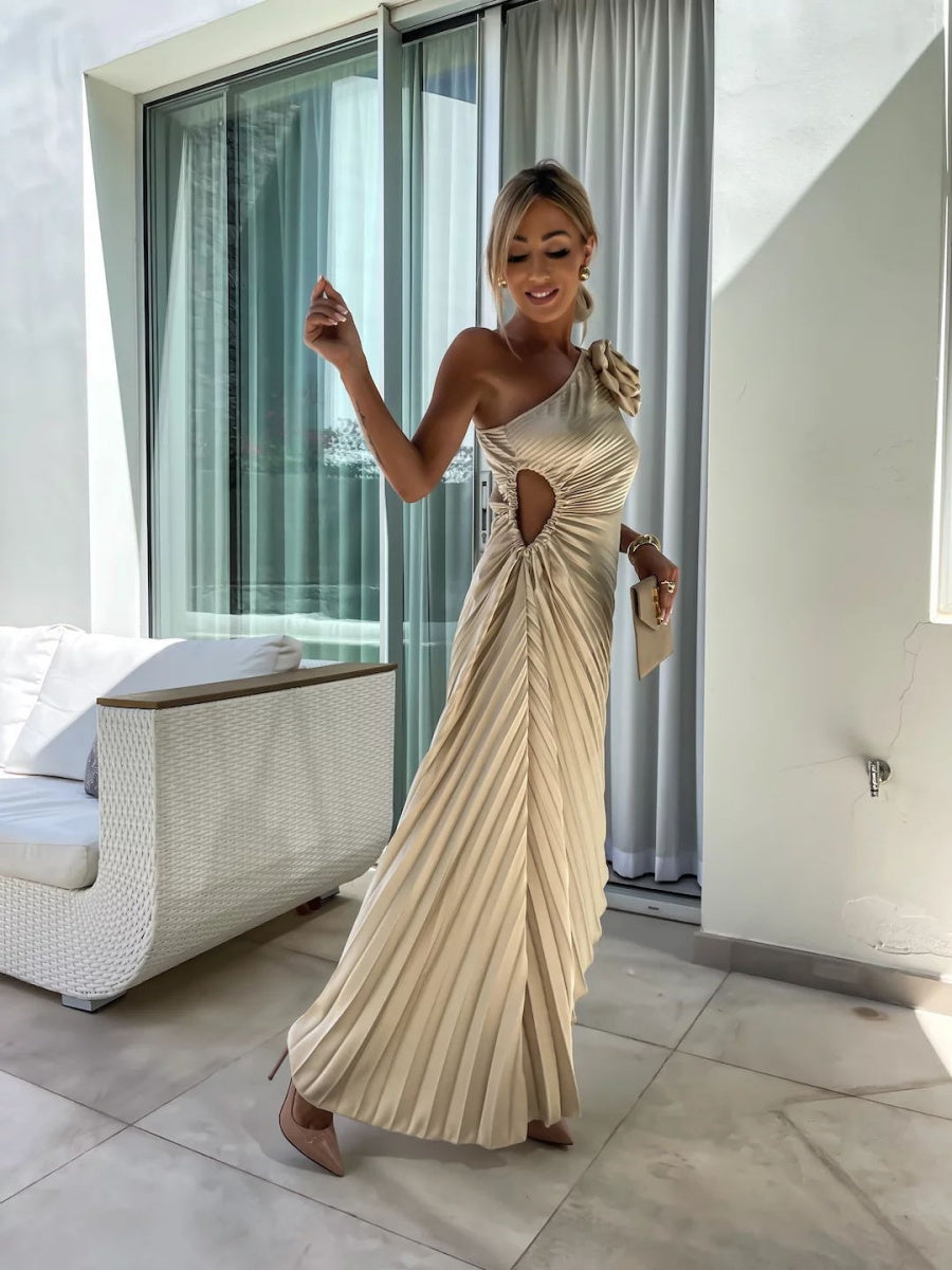 Sloping Shoulders Pleated Hollow Flowers Parties Bridesmaid Maxi Dresses