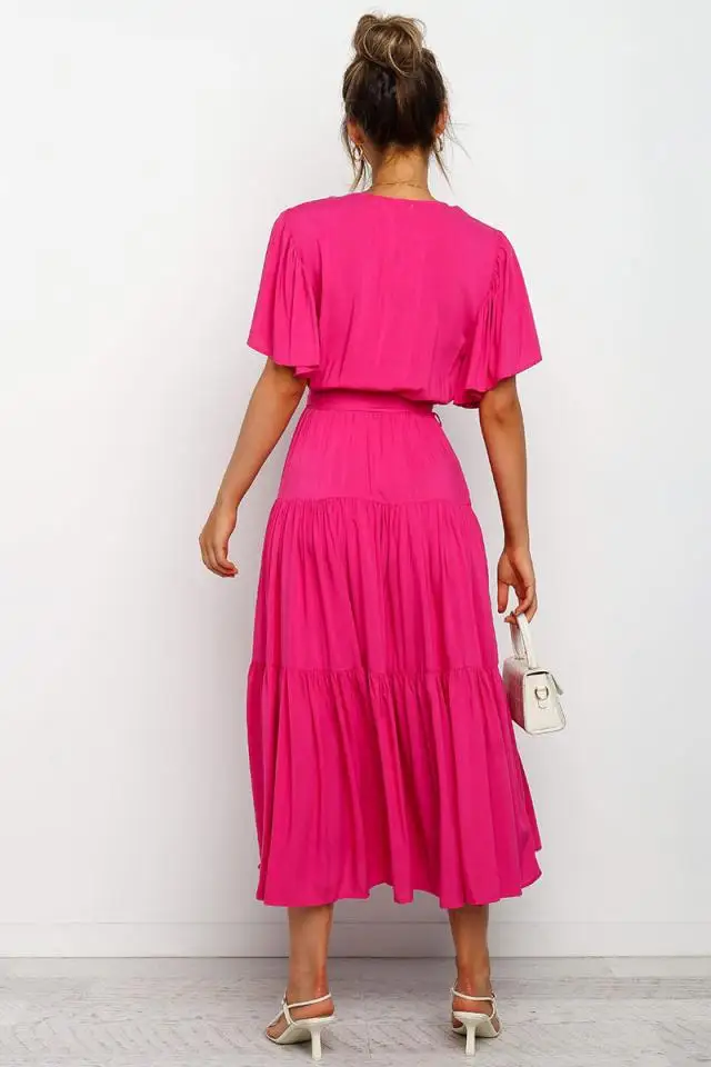 Trendy Solid Color Ruffles Long Dresses Women Sexy V-neck Ruffle Sleeves Leace-up Temperament Elegant Lady Dress 2025 Summer New 47 undefined