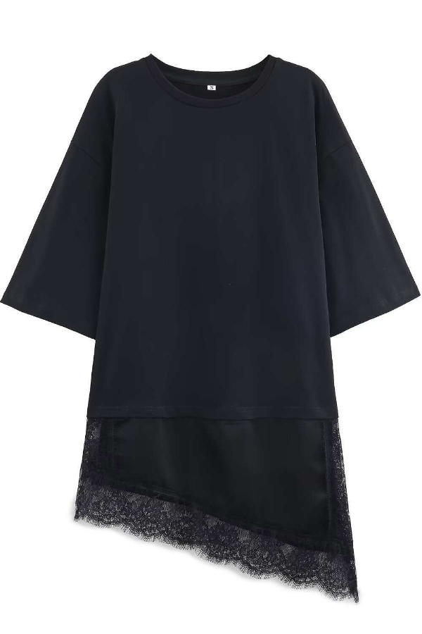 Stylish Round Neck Short-sleeved Patchwork Lace Hem Loose T-shirt