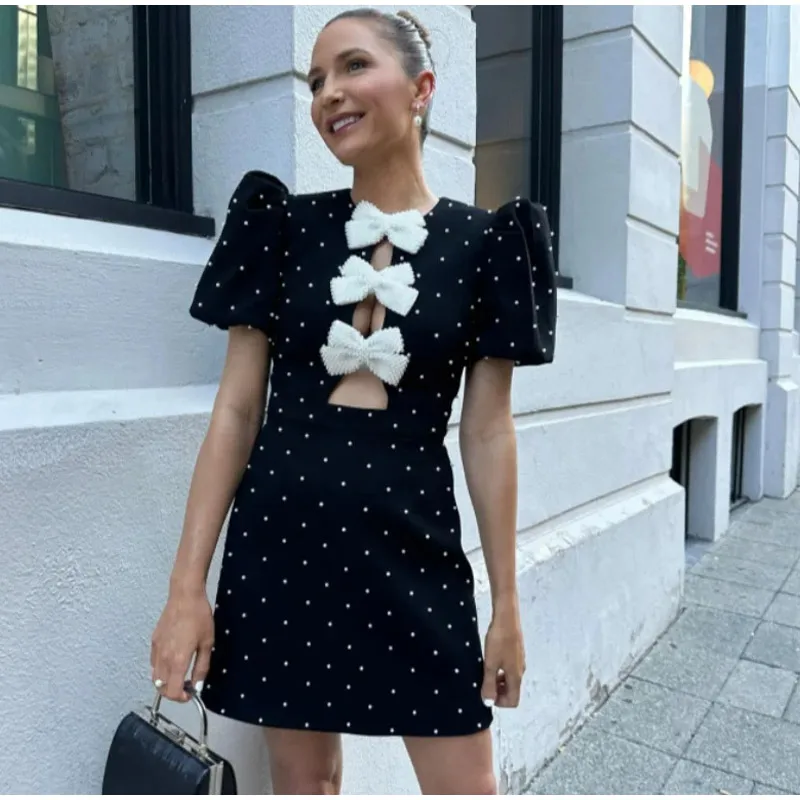 Fashion Puff Sleeve Bow Mini Dress For Women 2025 Spring Summer Solid High-waist Short Dresses Female Elegant Chic Party Looks