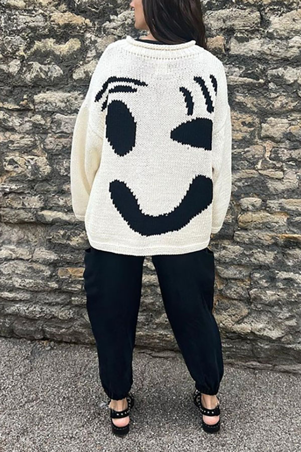 Feel Good Knit Colorful Smiley Face Loose Pullover Sweater