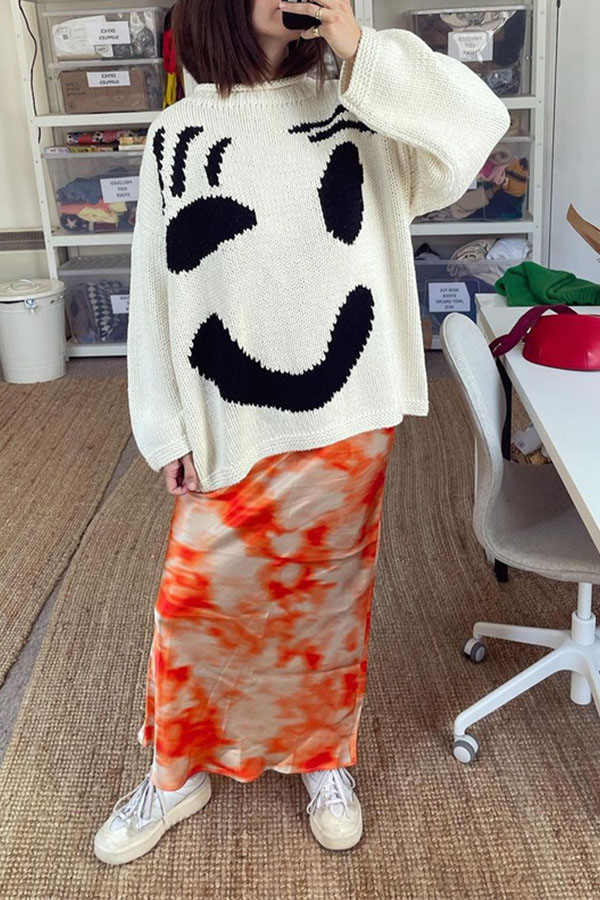 Feel Good Knit Colorful Smiley Face Loose Pullover Sweater