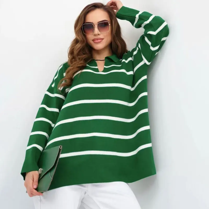 Ootddress V-Neck Knit Casual Pullover For Women Striped Slim Long Sleeve Contrast Loose Sweater High Street Knitwear Pullover Top