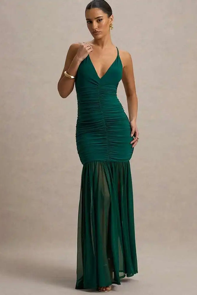 Deep V-Neck Spaghetti Strap Ruched Sheer Mesh Skirt Maxi Dress