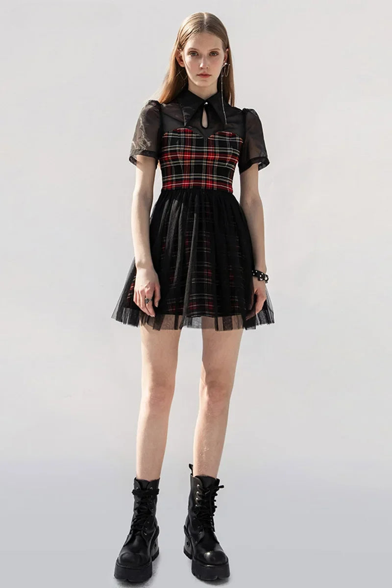 Plaid Pointed Collar Keyhole Puff Sleeve Layered Tulle Fit-and-Flare Mini Dress