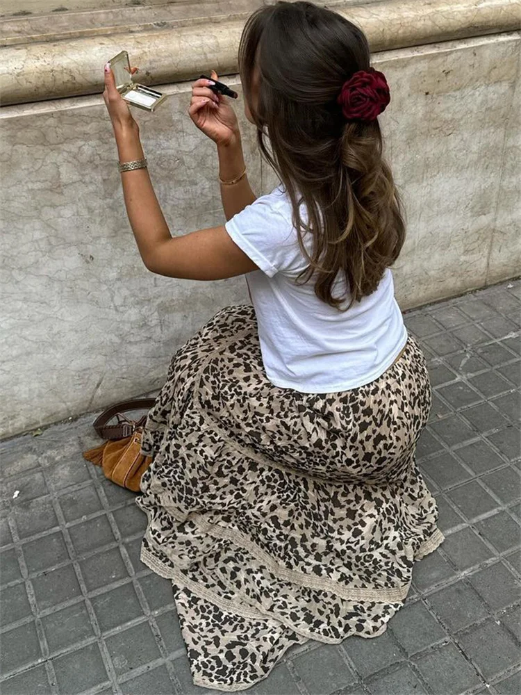 Ootddress Leopard Printed Maxi Skirt Female Ruffled Patchwork Fashion Summer 2025 High Waist Bandage Party Looks Women Long Skirt