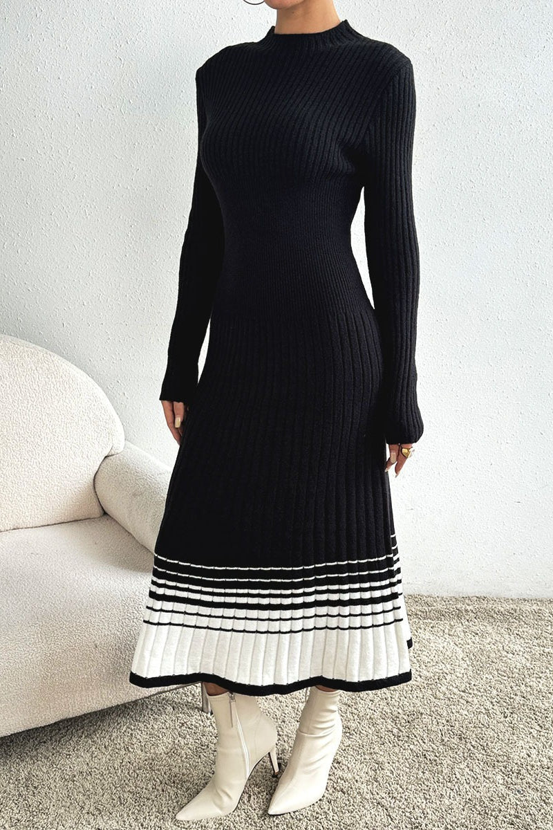 Horizontal Stripe Rib Knit Mock Neck Long Sleeve Midi Sweater Dress