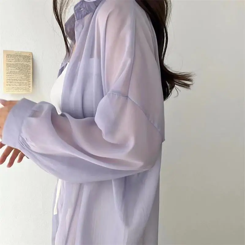 Perspective Shirts Women Sheer Thin Chic Summer Simple Solid Sun-proof Top Fashion Blouse Baggy All-match Basic Korean Clothing