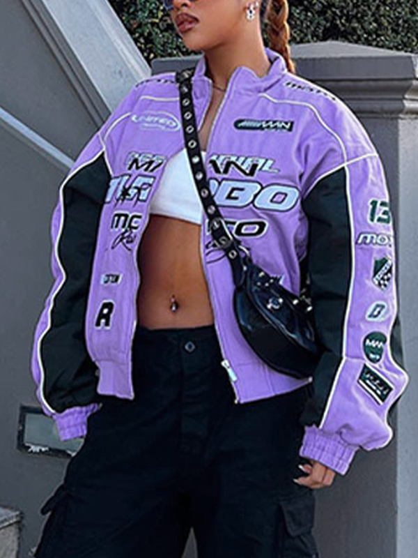 Color Block Splice Print Motorcycle Jacket