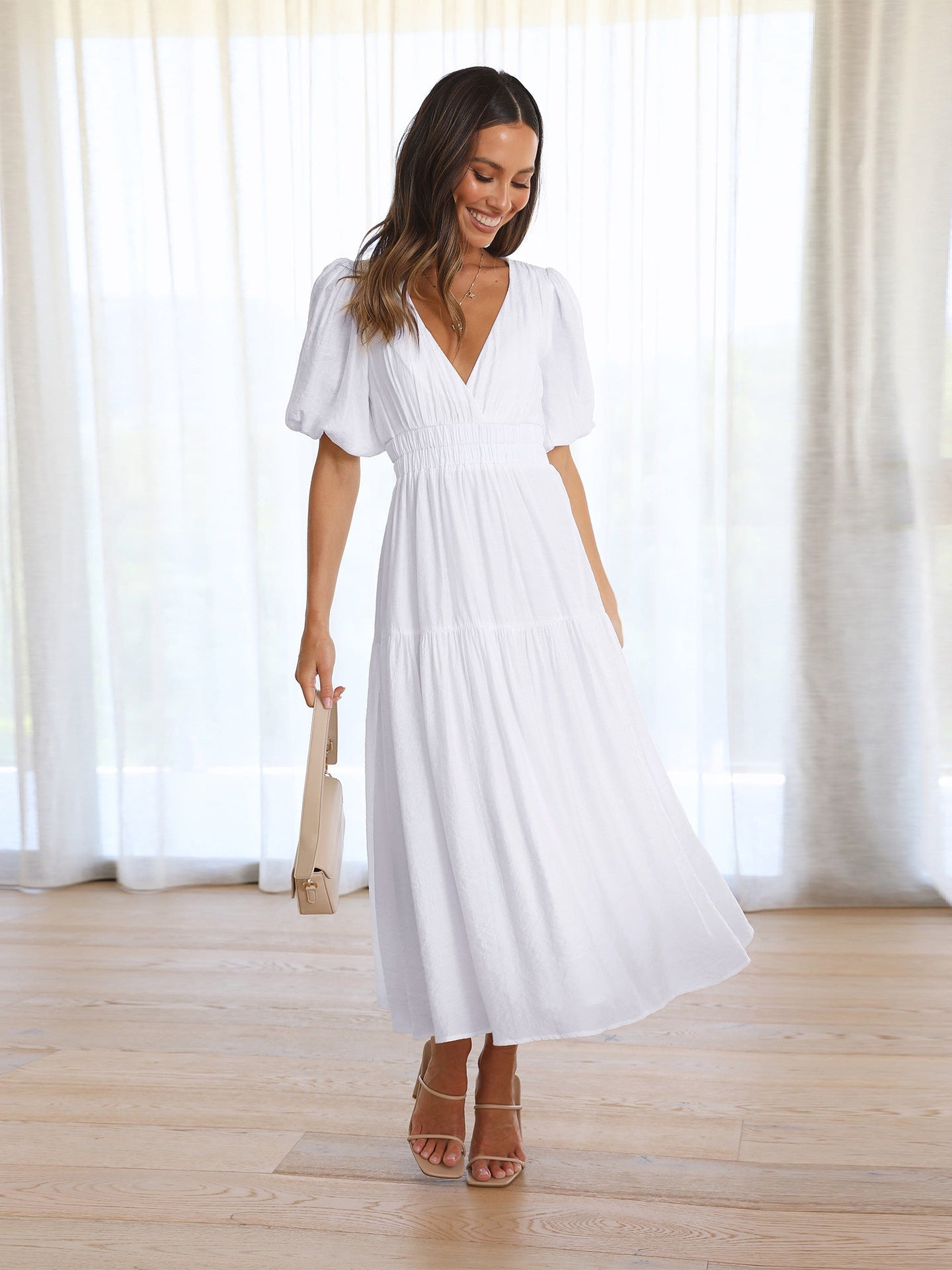Deep V-Neck Puff Sleeve Smocked Waist Tiered Maxi Dress