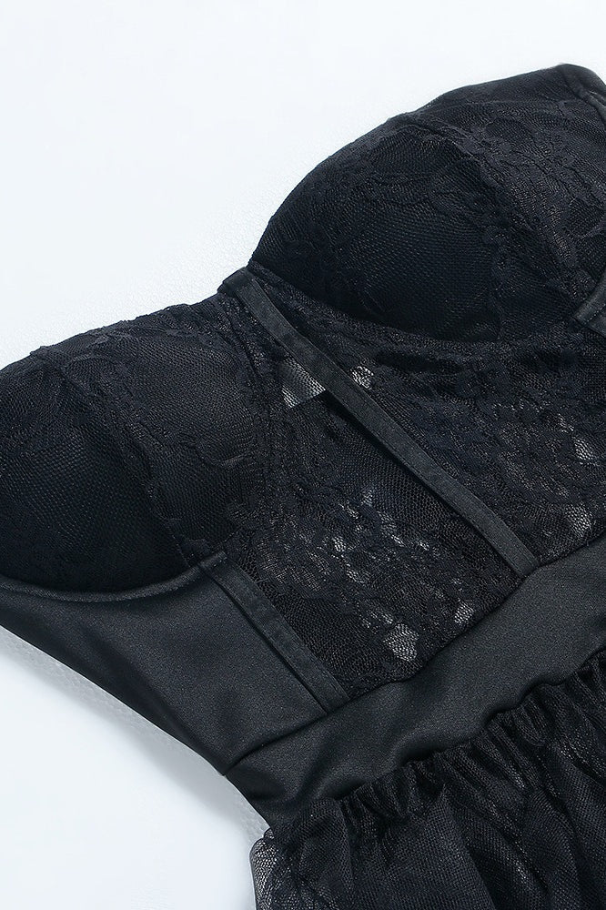 Lace Corset Sweetheart Strapless Tiered Tulle High Slit Maxi Skirt Set