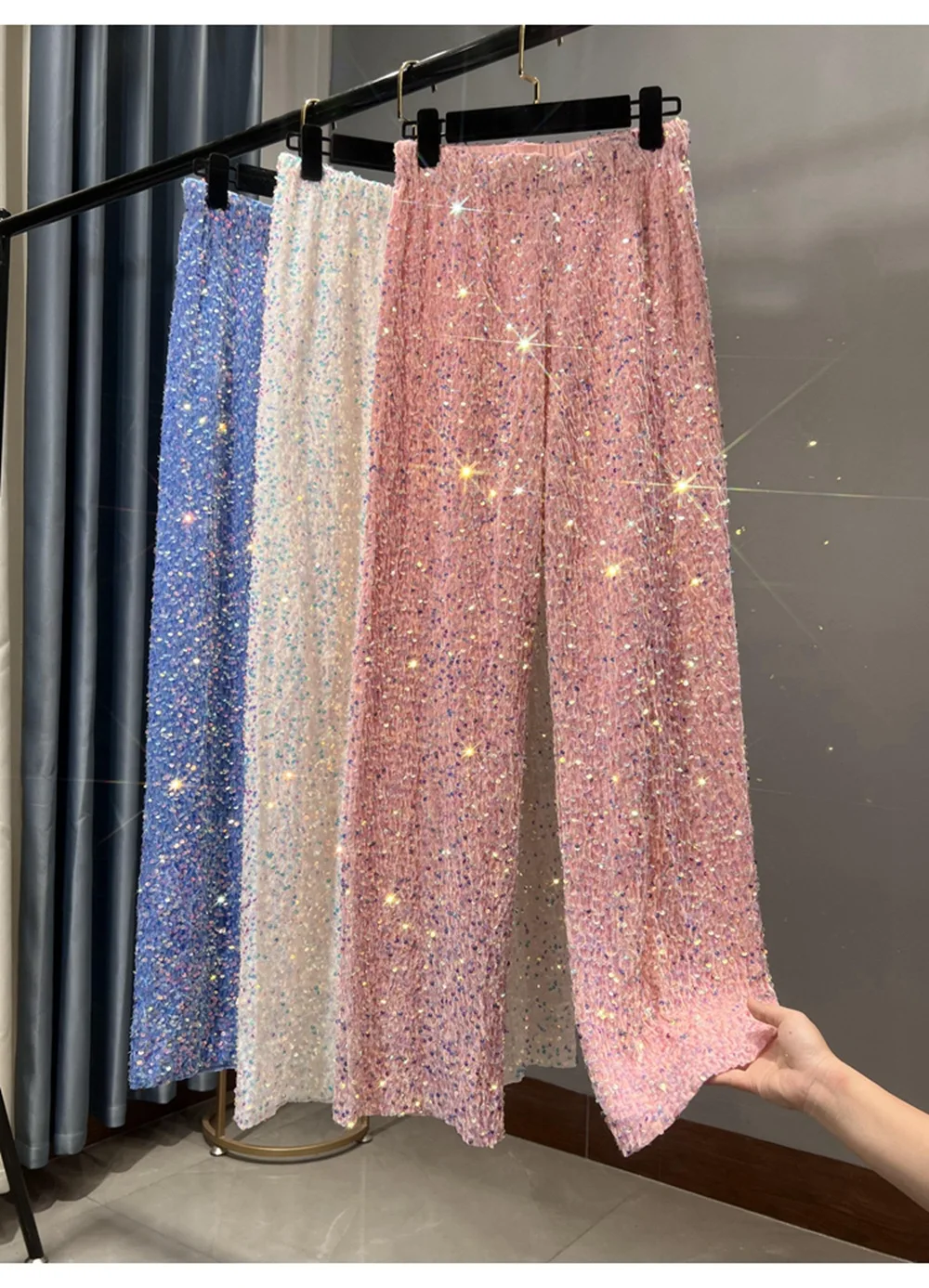 Ootddress Casual Sequin For Women Straight Legg Trousers High Waist Glitter Streetwear Fashion Solid Slim Wide Leg Women's Y2K Pants