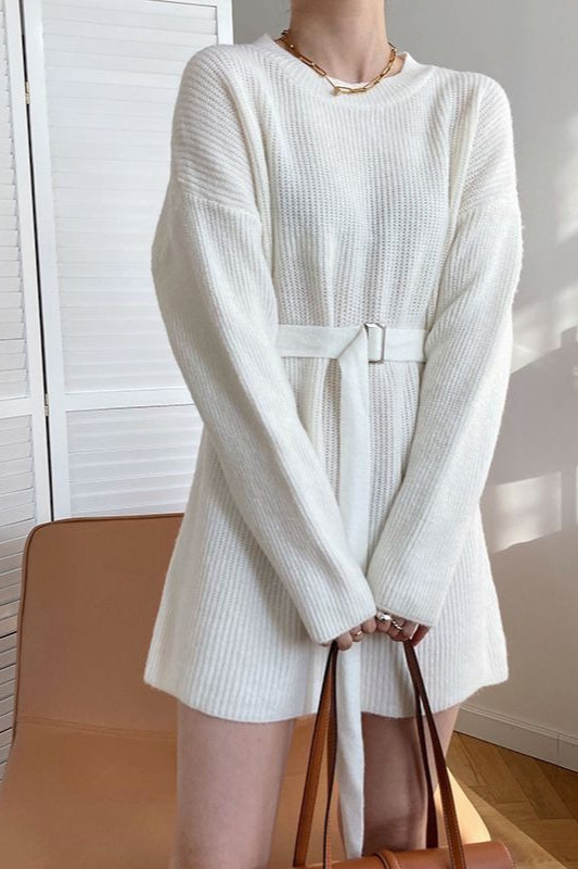 Rib Knit Belted Square Buckle Balloon Sleeve Sweater Mini Dress
