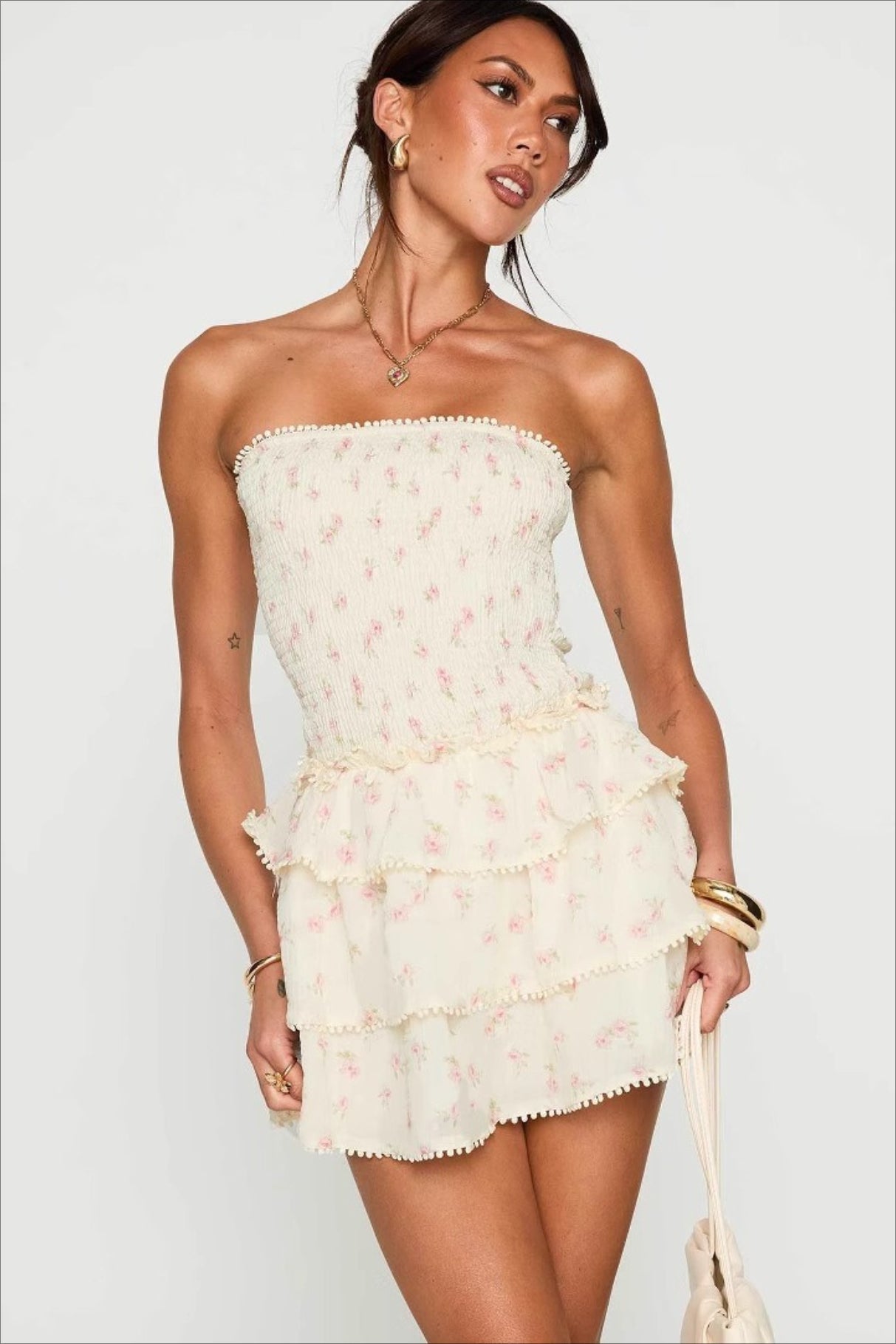 Strapless Smocked Floral Tiered Ruffle Pom Trim Mini Dress