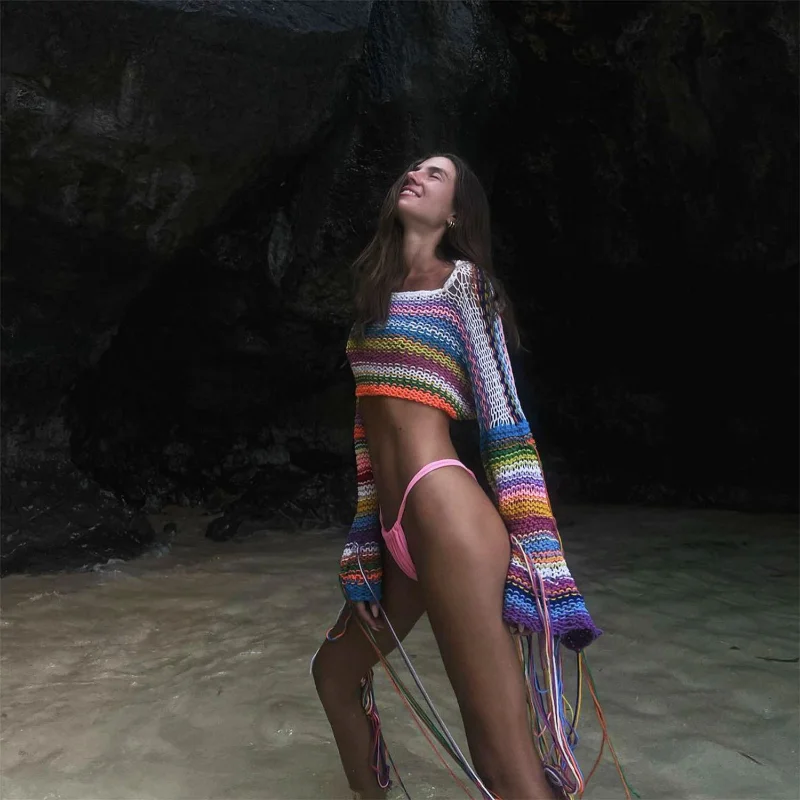 Ootddress Tassel Contrast Holiday Sweater Pullovers For Women Loose Flared Sleeve Beach Boho Knit Female Cover up Pullover Crop top 16 Ootddress Tassel Contrast Holiday Sweater Pullovers For Women Loose Flared Sleeve Beach Boho Knit Female Cover up Pullover Crop top