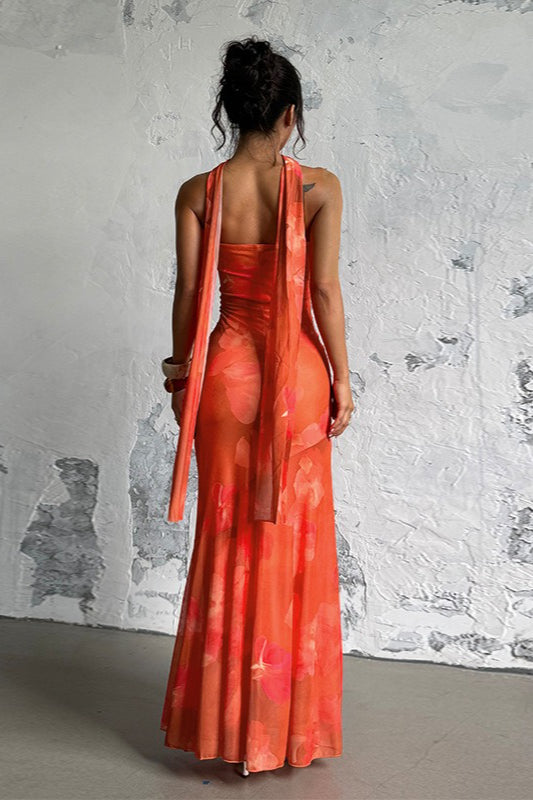Orange Strapless Mermaid Ruched Abstract Floral Print Maxi Dress