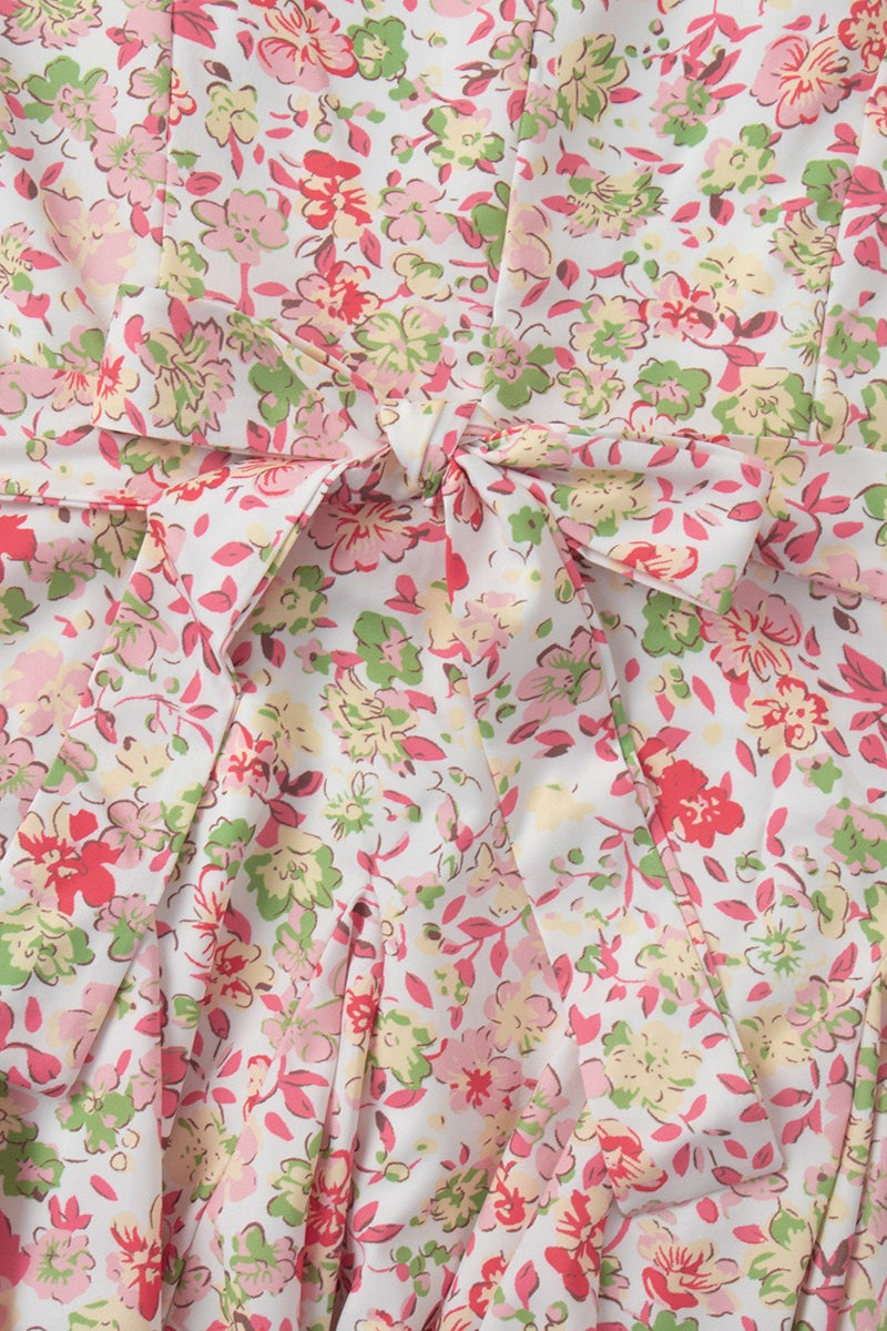 Floral Peter Pan Collar Puff Sleeve Button Front Layered Hem Fit and Flare Mini Dress