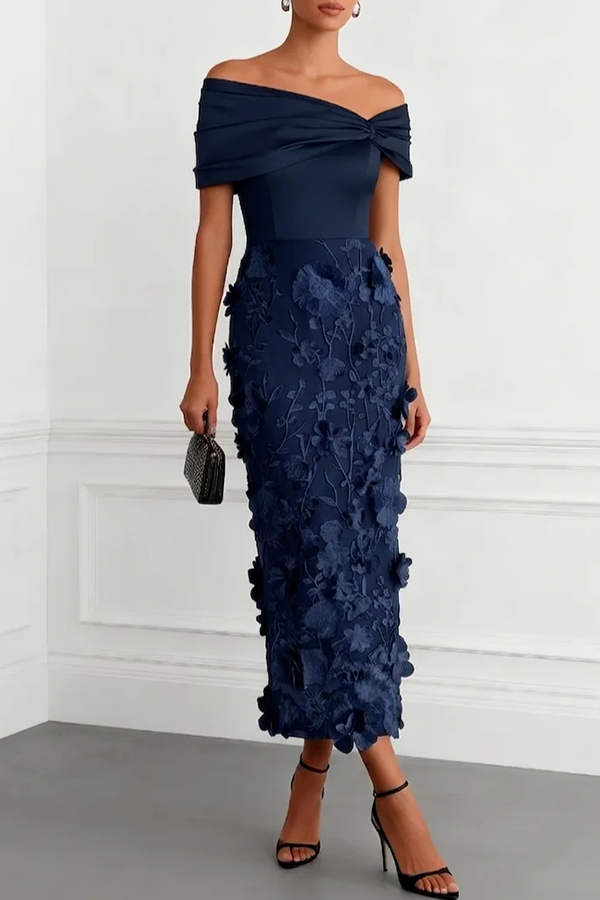 Classic 3D Floral Embroidery Off The Shoulder Short Sleeve Sheath Midi Dress