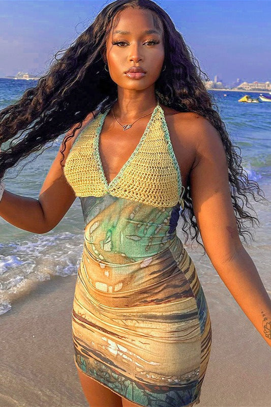 Crochet Halter Abstract Print Mesh Ruched Bodycon Mini Dress