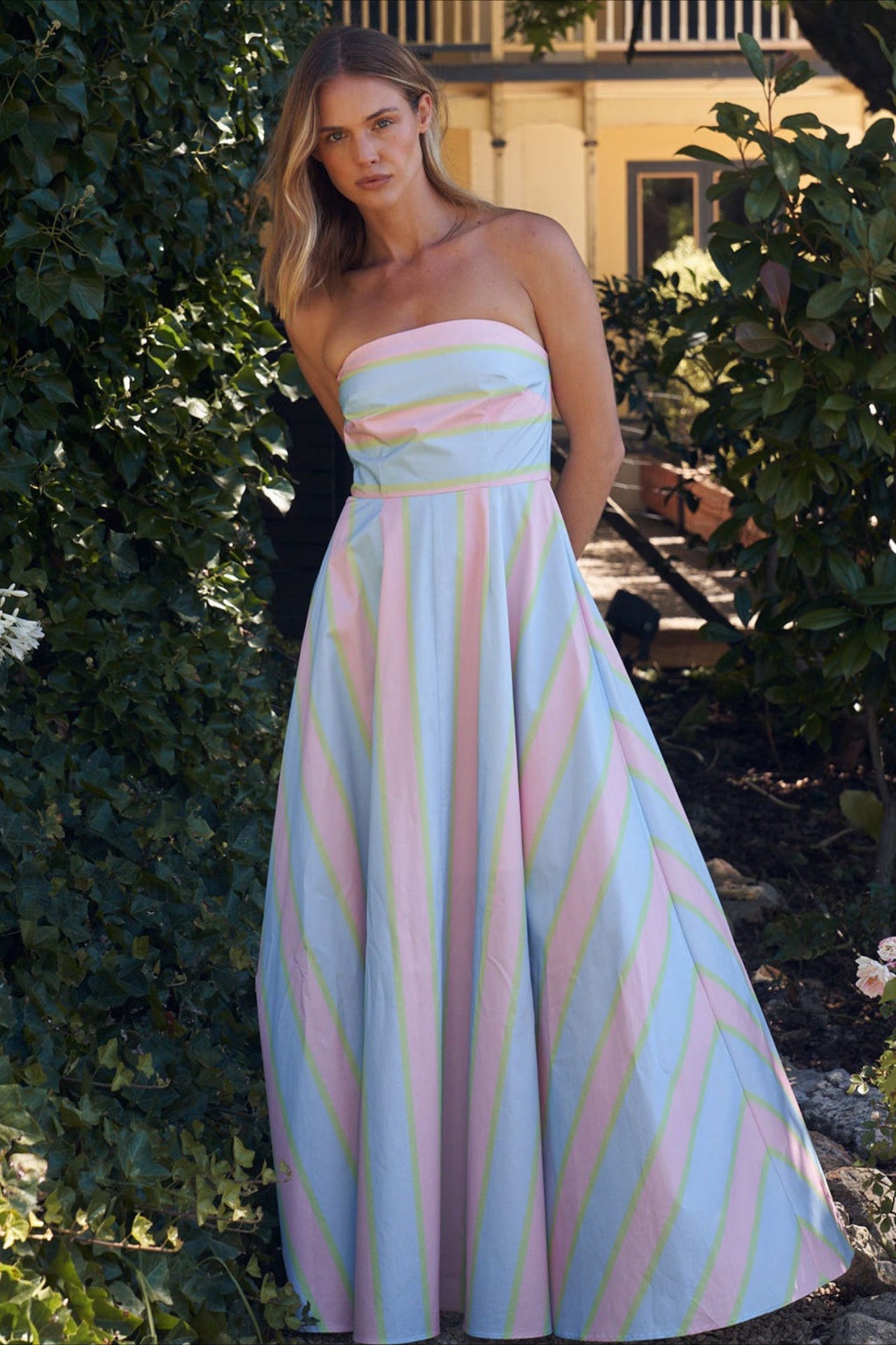 Spaghetti Strap Horizontal Diagonal Stripe A Line Maxi Dress