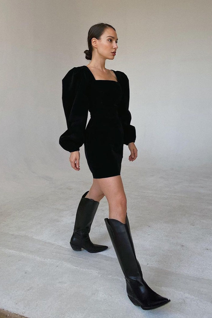 Square Neck Velvet Balloon Sleeve Fitted Mini Dress