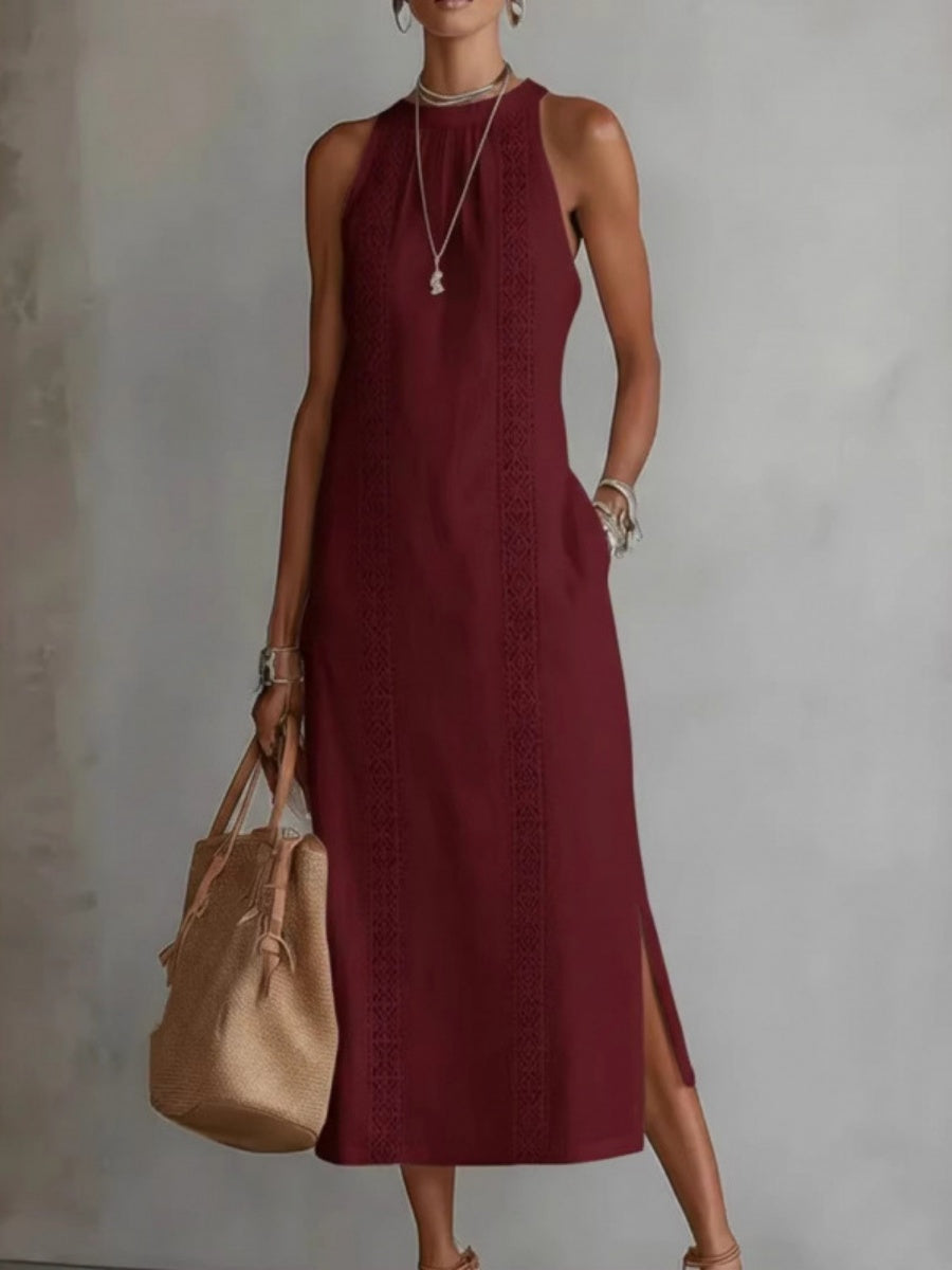 Halter Solid Color Lace Stitching Loose-fit Sundress Maxi Dresses