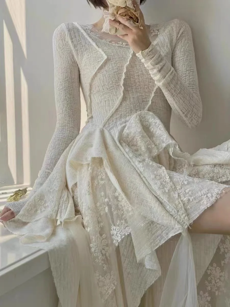 French Vintage Elegant Lace Dress Women 2025 Spring Summer New Irregular Splicing Long Bridesmaid Evening Party Dress Prom Robe