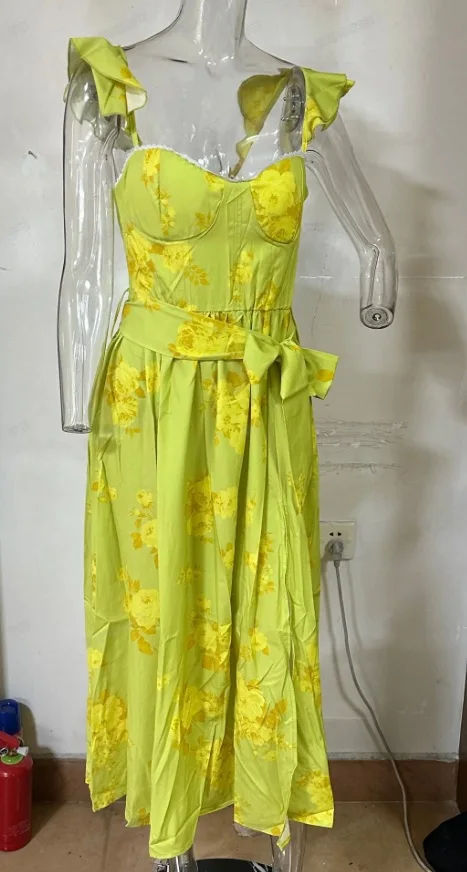 Flowers Print Sleeveless Long Dresses Women Sexy Low Cut Backless Bowknot Leace-up Slit Dress Temperament Lady Vestidos 2025 New