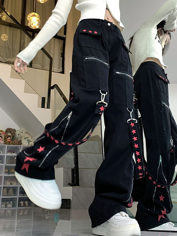 Contrast Color Ribbon Metal Decoration Cargo Jeans
