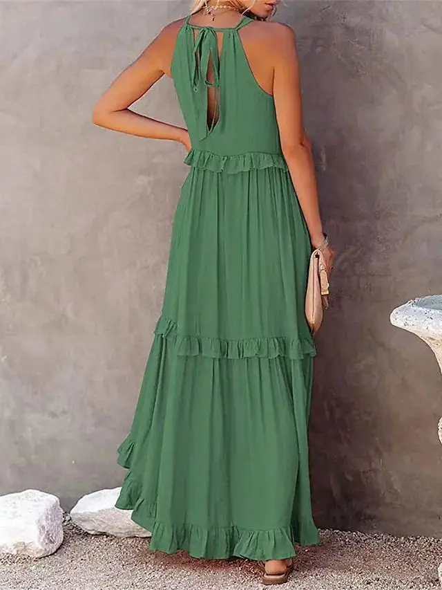 Summer Vacation Style Halter Neck Long Dresses Women Fashion Backless Leace-up Loose Ruffles Beach Dress Elegant Ladies Vestidos 9 Summer Vacation Style Halter Neck Long Dresses Women Fashion Backless Leace-up Loose Ruffles Beach Dress Elegant Ladies Vestidos